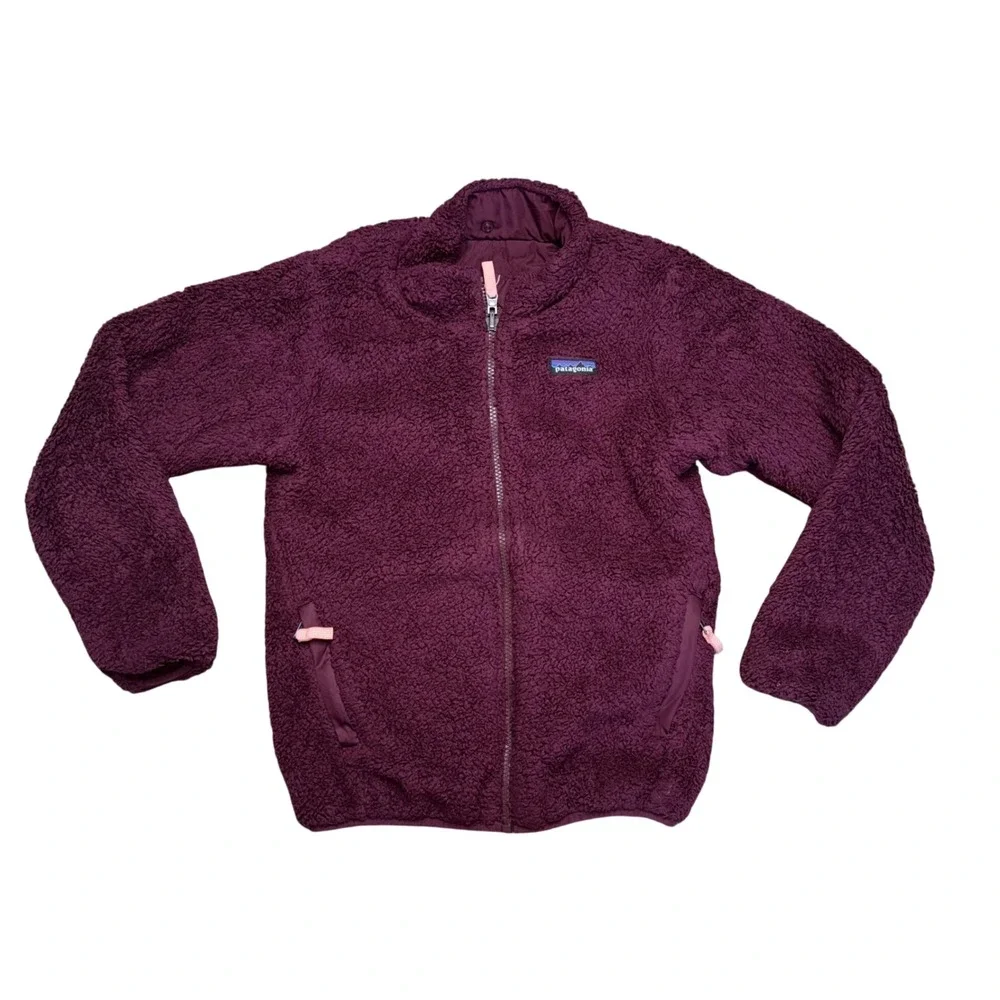 Patagonia Reversible Jacket Kids M 10 Burgundy Excellent Fleece Quilted Shell